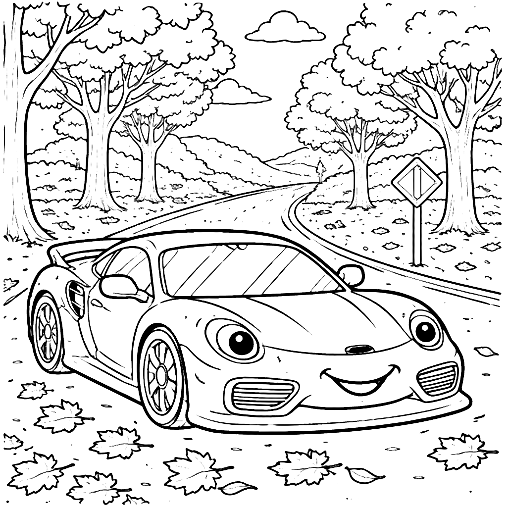 Carros esportivos em uma paisagem de outono – desenho para colorir e imprimir
