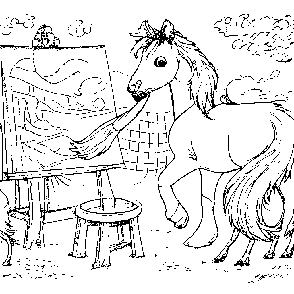 Cavalo Pintando uma Obra-Prima – desenho para colorir e imprimir