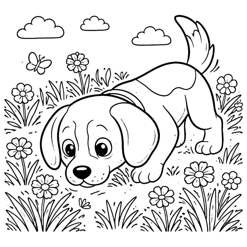Colorir Beagle em um Campo Florido - Página Para Colorir – desenho para colorir e imprimir