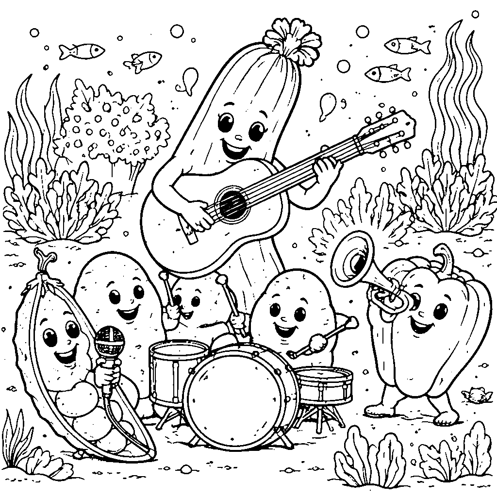 Páginas para Colorir: Banda de Legumes Dançantes