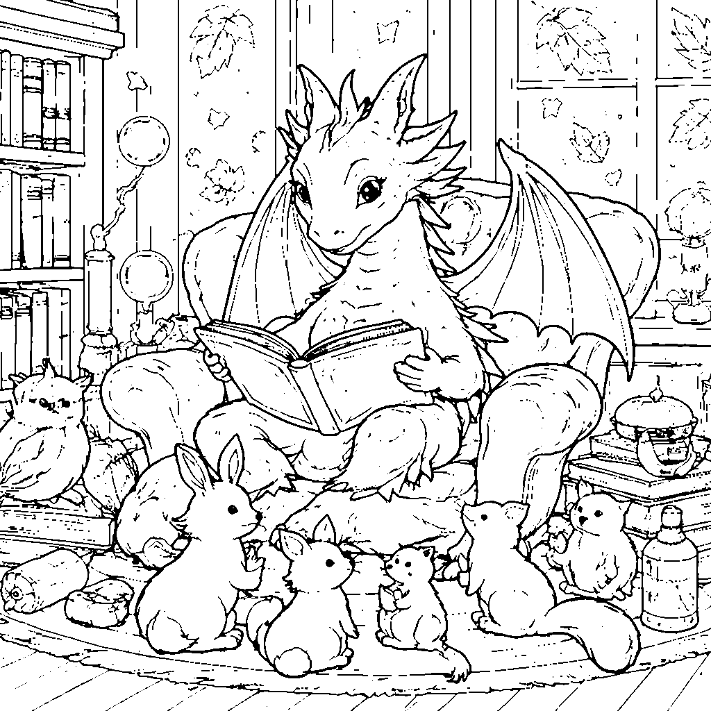 Página para Colorir: Dragão Bibliotecário