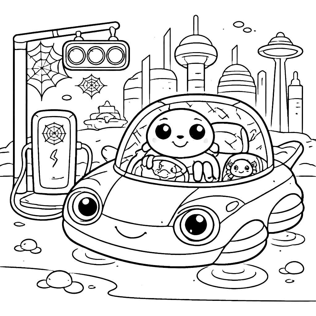 Futuro em Cores: Carro Flutuante e Aranha Amigável – desenho para colorir e imprimir