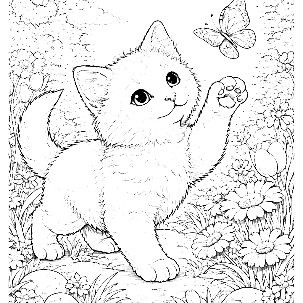 Gatinho Curioso em Jardim: Página para Colorir – desenho para colorir e imprimir