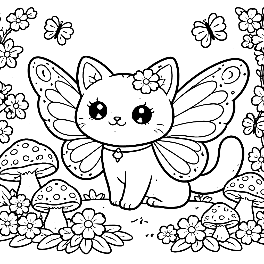 Gato com asas de borboleta em um jardim encantado – desenho para colorir e imprimir