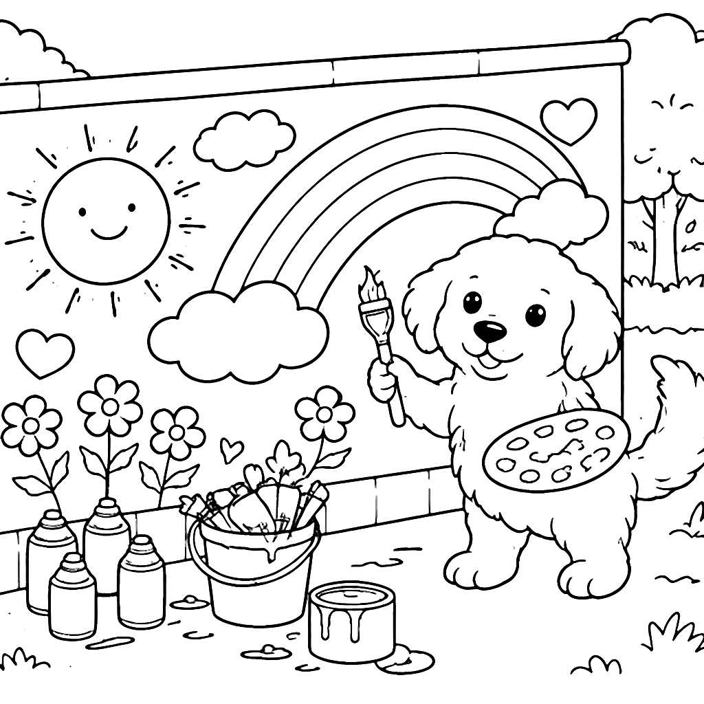 Golden Retriever Pintando um Mural Colorido no Parque – desenho para colorir e imprimir