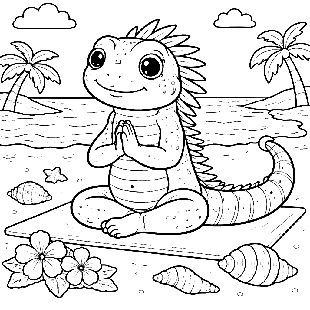 Iguana em Yoga na Praia – Página para Colorir – desenho para colorir e imprimir