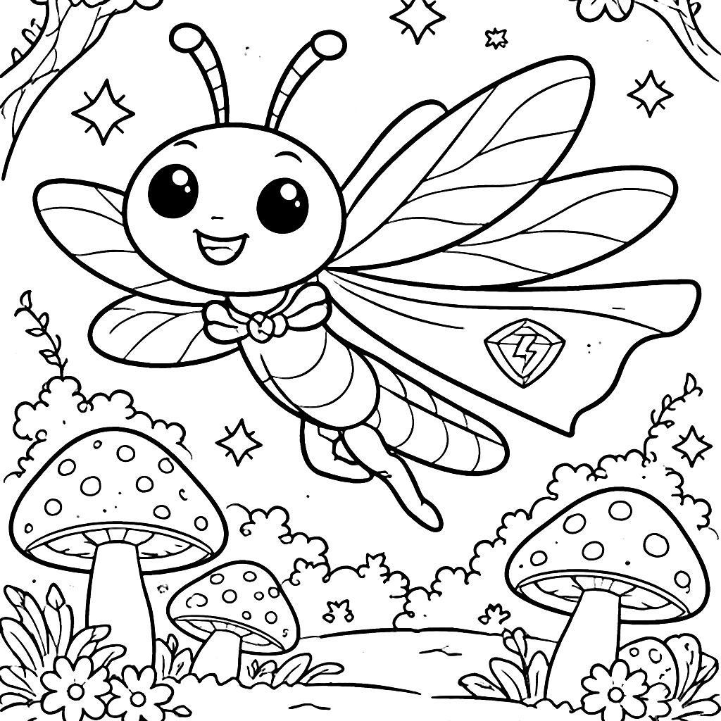 Libélula Super-Herói na Floresta Encantada – desenho para colorir e imprimir