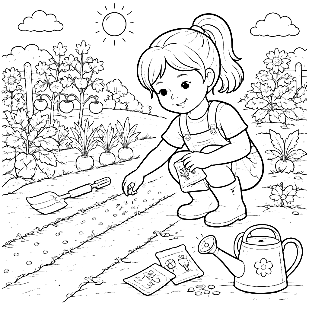 Menina Plantando Sementes em um Jardim Colorido – desenho para colorir e imprimir