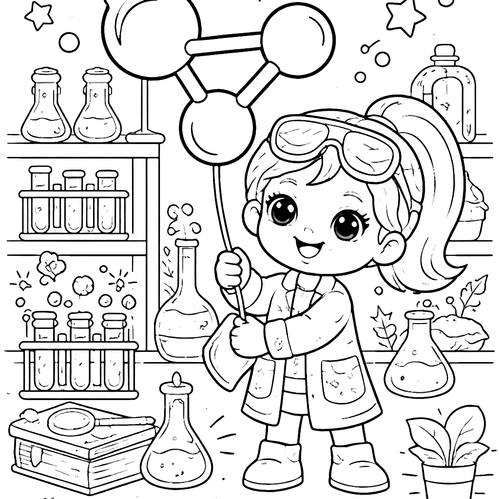 Página de Colorir: Menina Cientista Brincalhona – desenho para colorir e imprimir