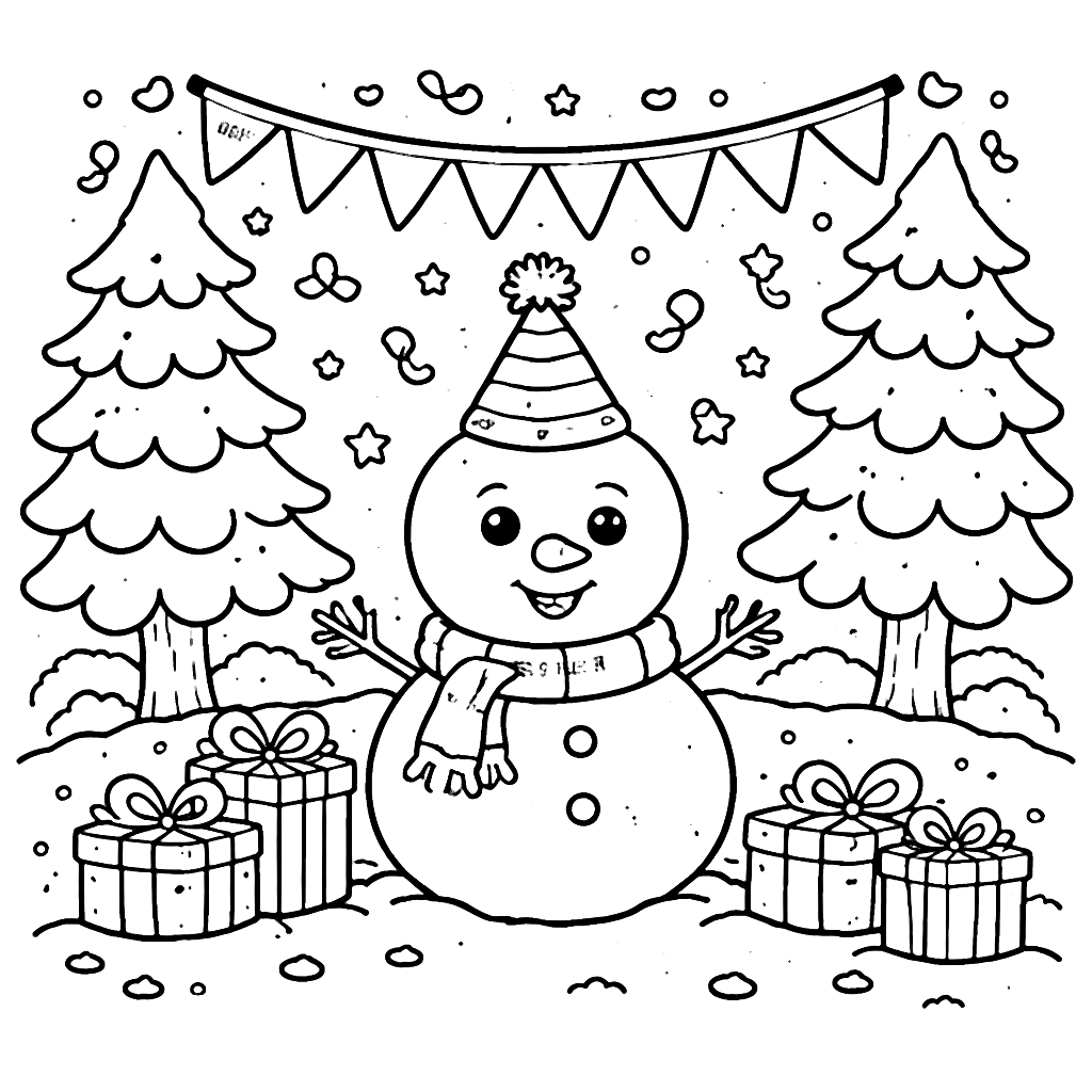 Páginas para colorir: Aniversário na Floresta Nevando – desenho para colorir e imprimir