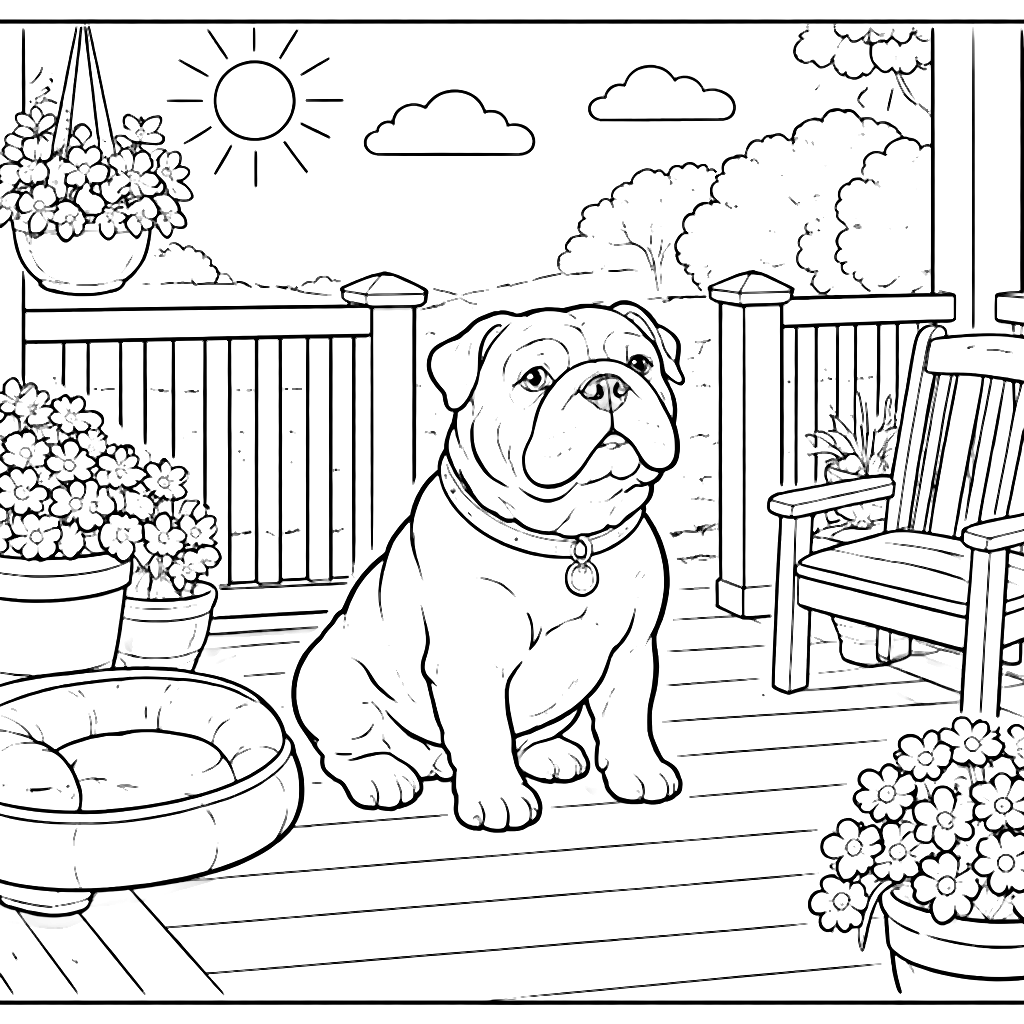 Páginas para Colorir: Bulldog Inglês no Alpendre – desenho para colorir e imprimir