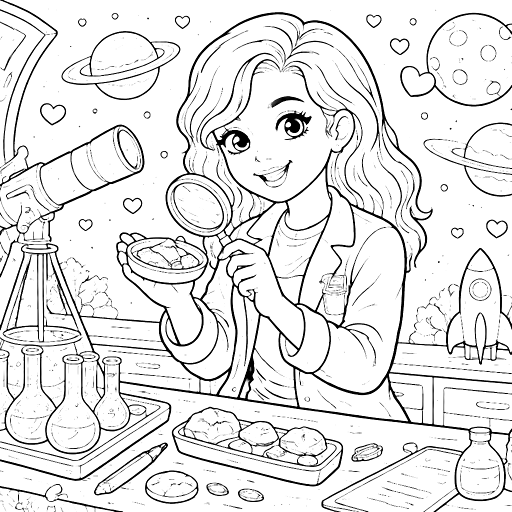 Páginas para colorir: Cientista Espacial no Laboratório Futurista – desenho para colorir e imprimir