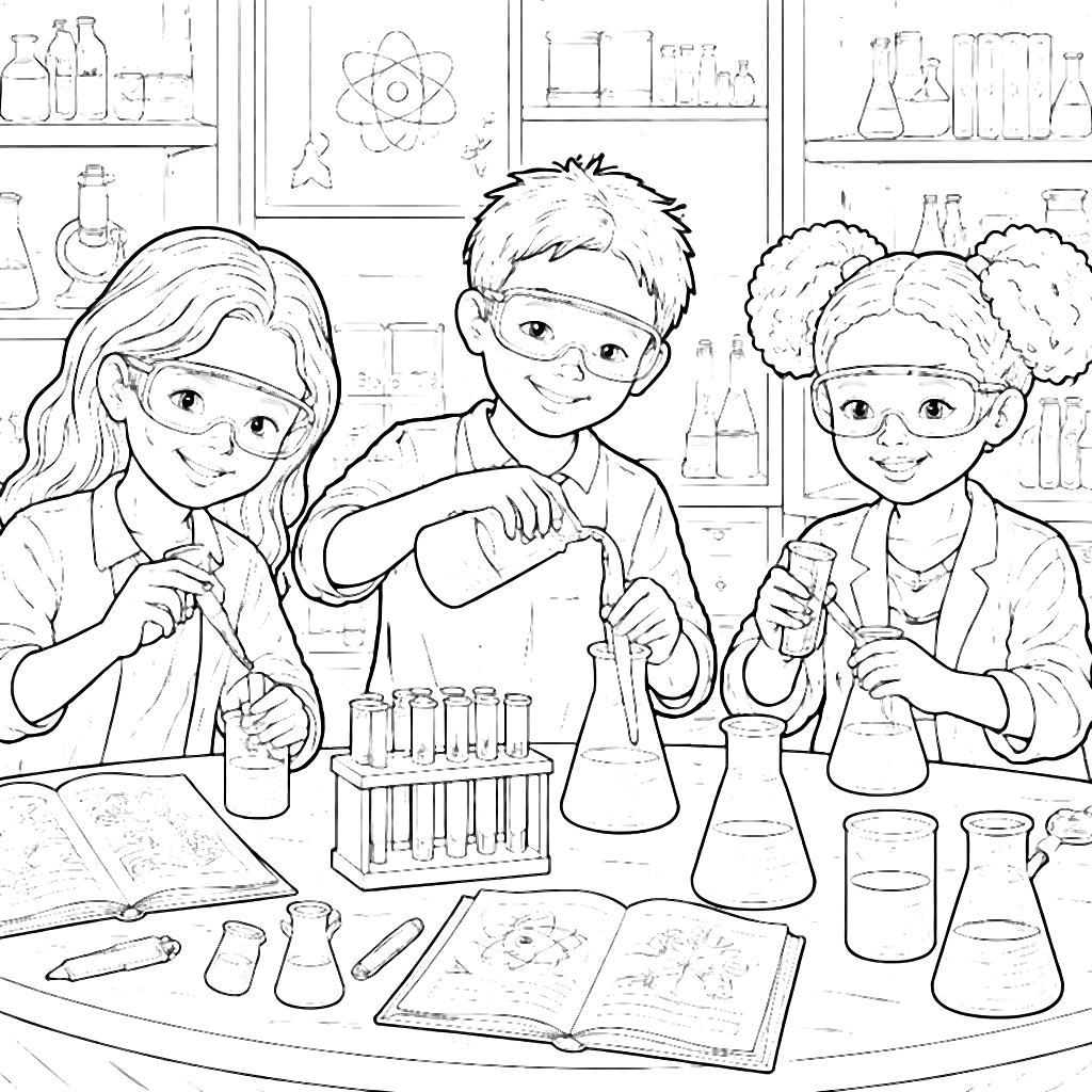 Páginas para Colorir: Experimento Científico na Escola – desenho para colorir e imprimir