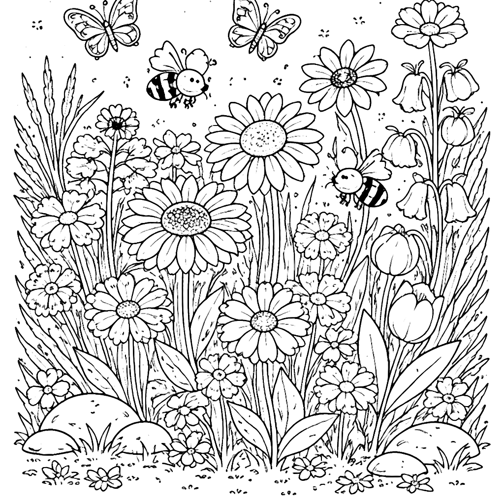 Páginas para Colorir: Flores em um Campo Selvagem – desenho para colorir e imprimir