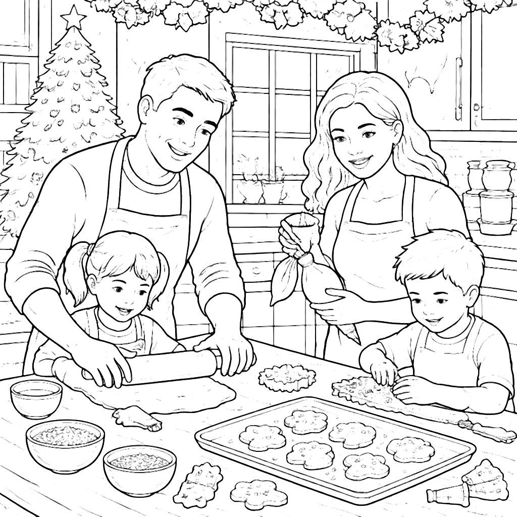 Páginas para Colorir: Natal com Família e Biscoitos – desenho para colorir e imprimir