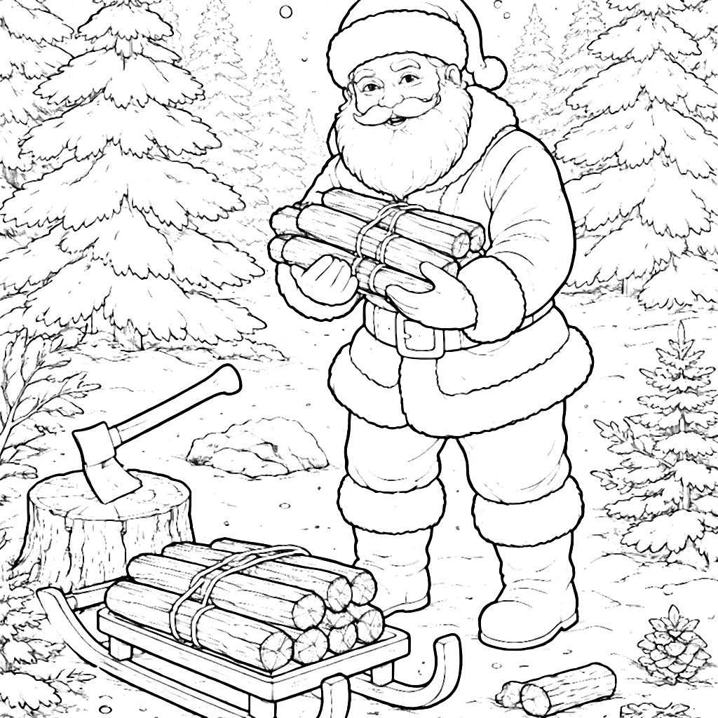 Papai Noel recolhendo lenha em uma floresta de inverno – desenho para colorir e imprimir