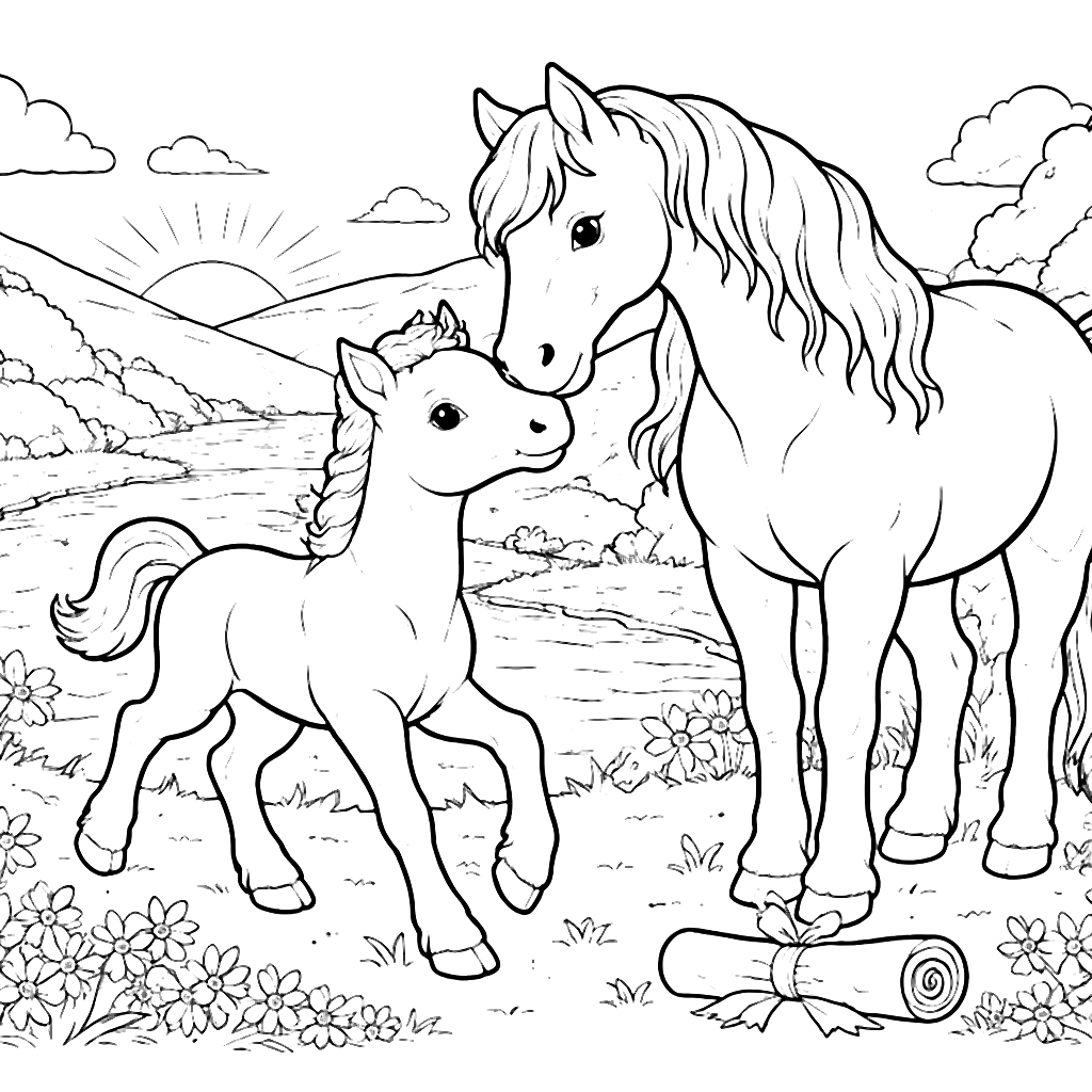 Pintura de potro com cavalo sábio ao pôr do sol – desenho para colorir e imprimir
