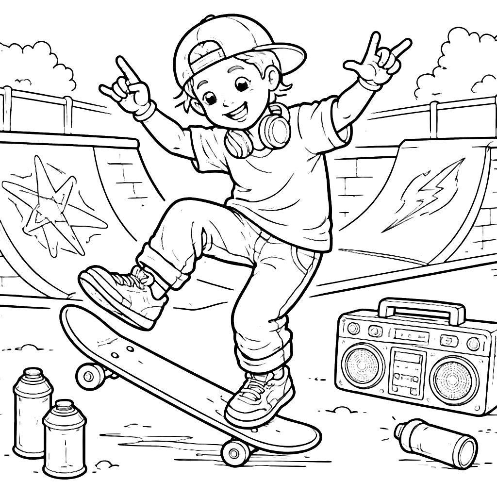 Pintura de Skateboarder Energético em Ação – desenho para colorir e imprimir