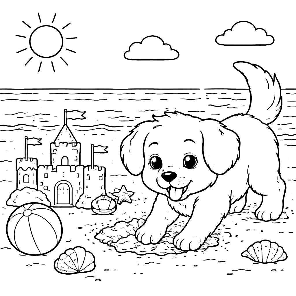Pintura de um filhote cavando na praia – desenho para colorir e imprimir
