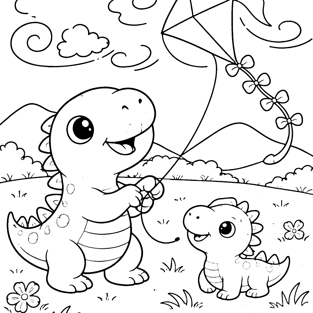 Pipa Colorida e Dinossauro no Campo Aberto – desenho para colorir e imprimir