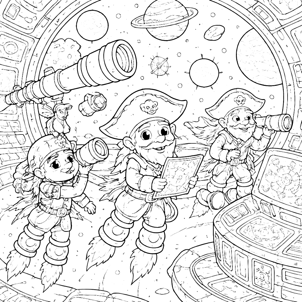 Piratas em uma Estação Espacial: Página de Colorir – desenho para colorir e imprimir