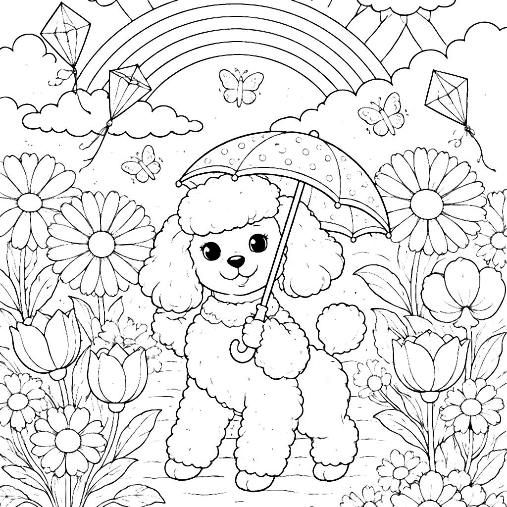 Poodle com Guarda-chuva em um Jardim Encantado – desenho para colorir e imprimir
