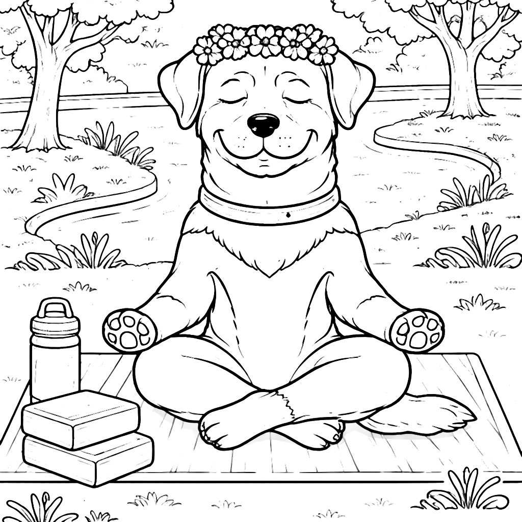 Rottweiler fazendo yoga em um parque ensolarado – desenho para colorir e imprimir