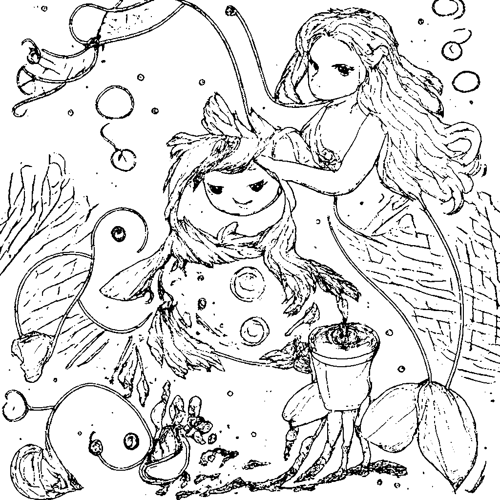 Sereia Construindo um Boneco de Neve – desenho para colorir e imprimir