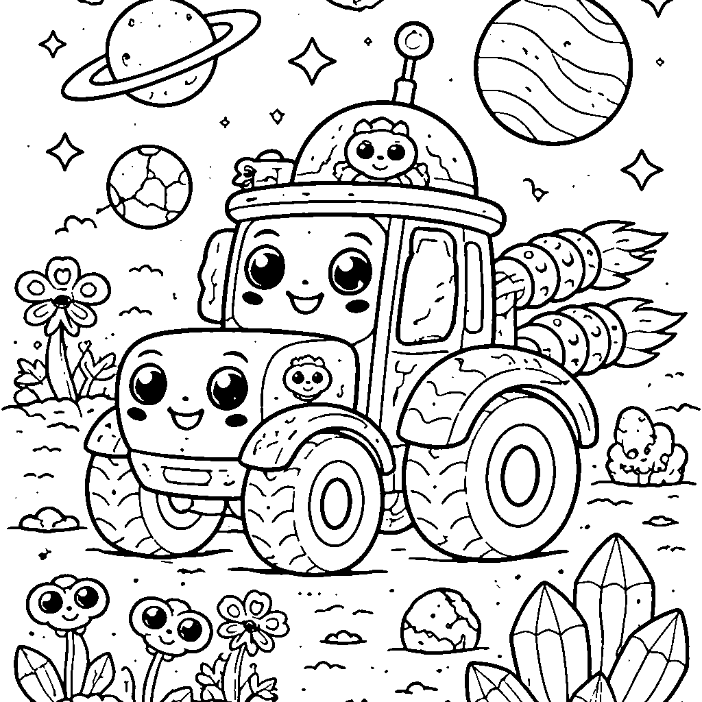 Página para Colorir: Aventura Espacial com o Trator – desenho para colorir e imprimir
