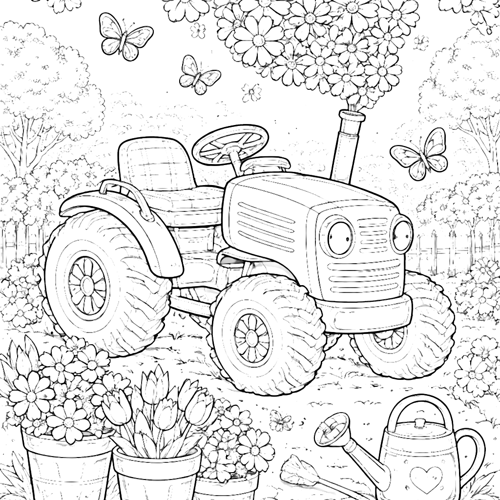 Trator de Jardim com Flores e Borboletas para Colorir – desenho para colorir e imprimir