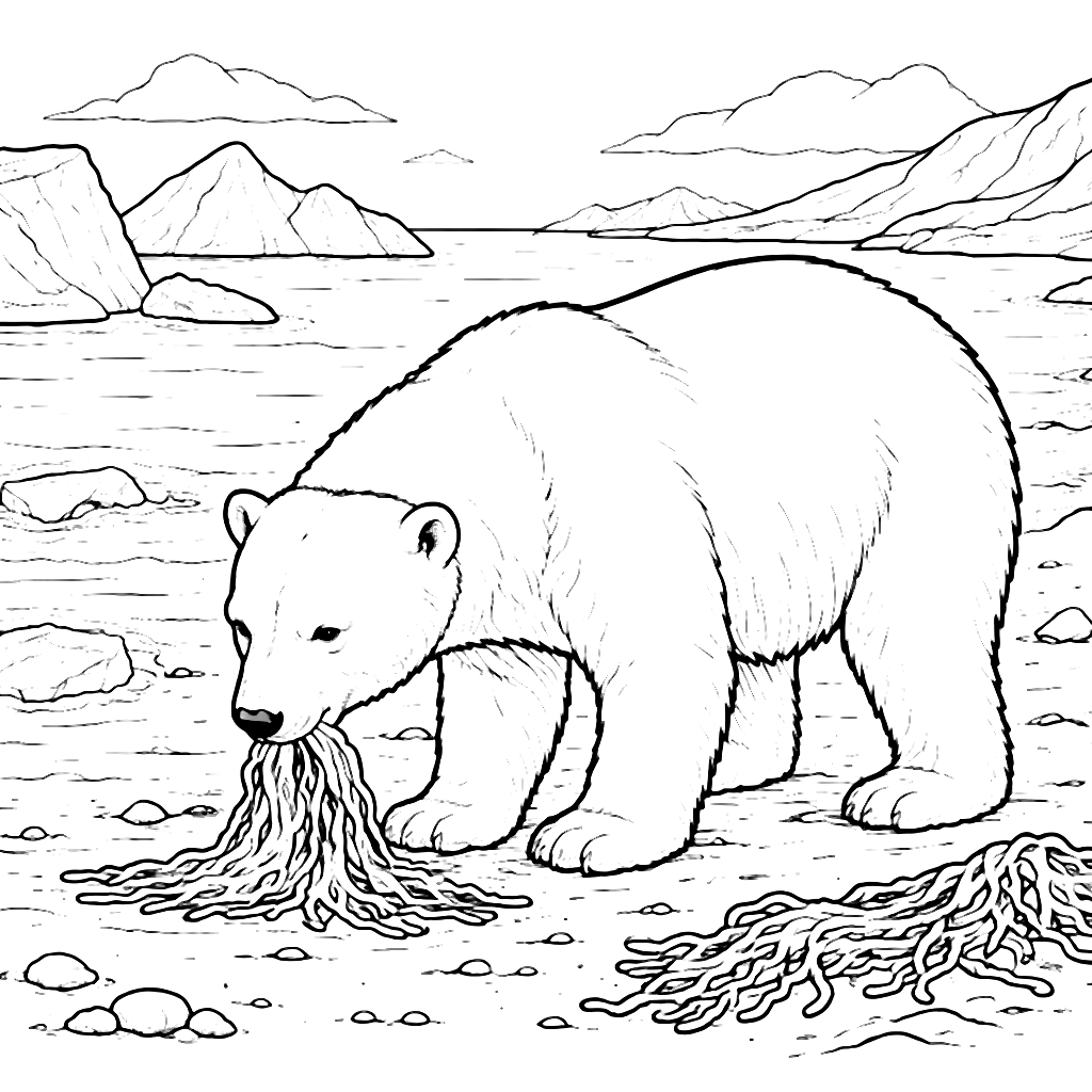 Urso Polar Forrageando em Praia Ártica - Página para Colorir – desenho para colorir e imprimir