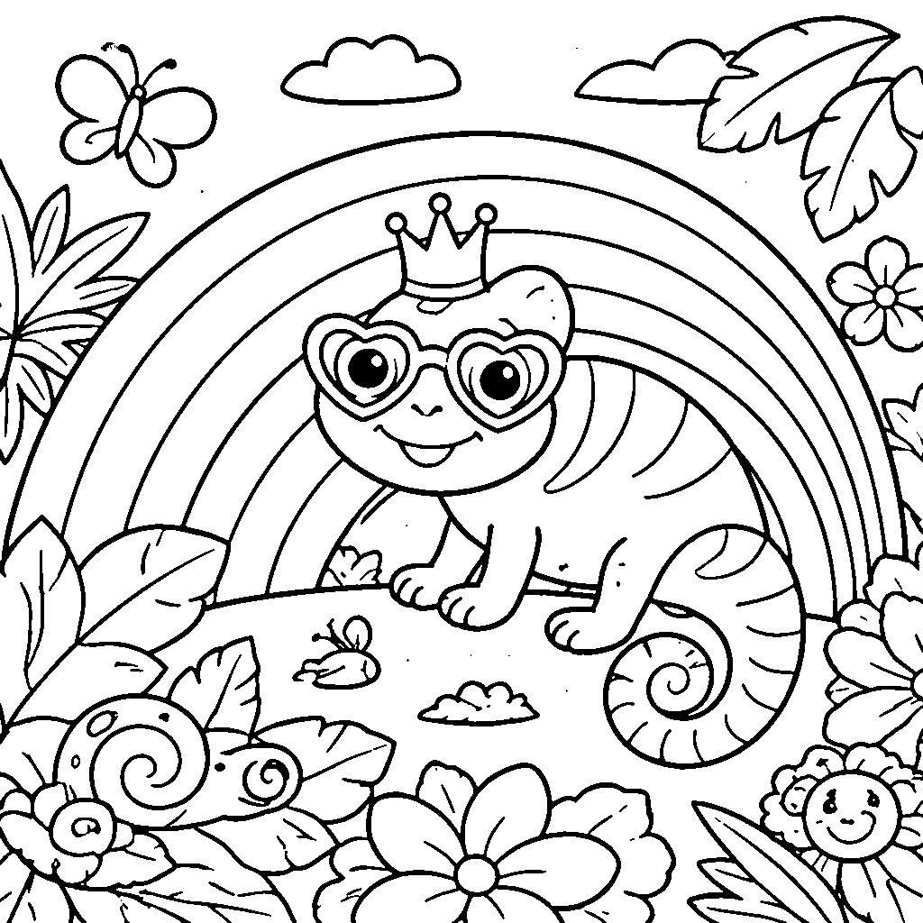 Pagina de colorat cu un cameleon vesel – desen de colorat de tipărit