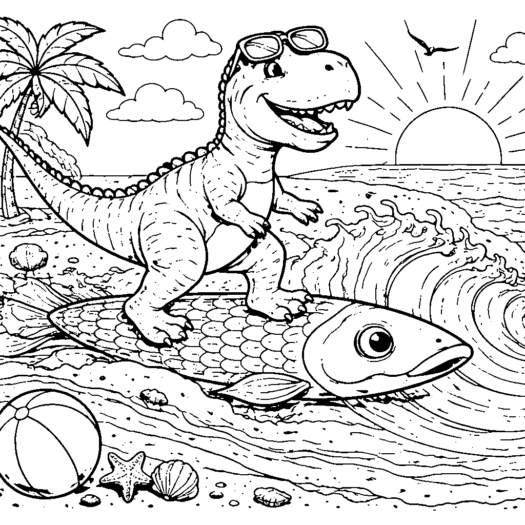 Pagina de colorat cu dinozaur pe surf – desen de colorat de tipărit