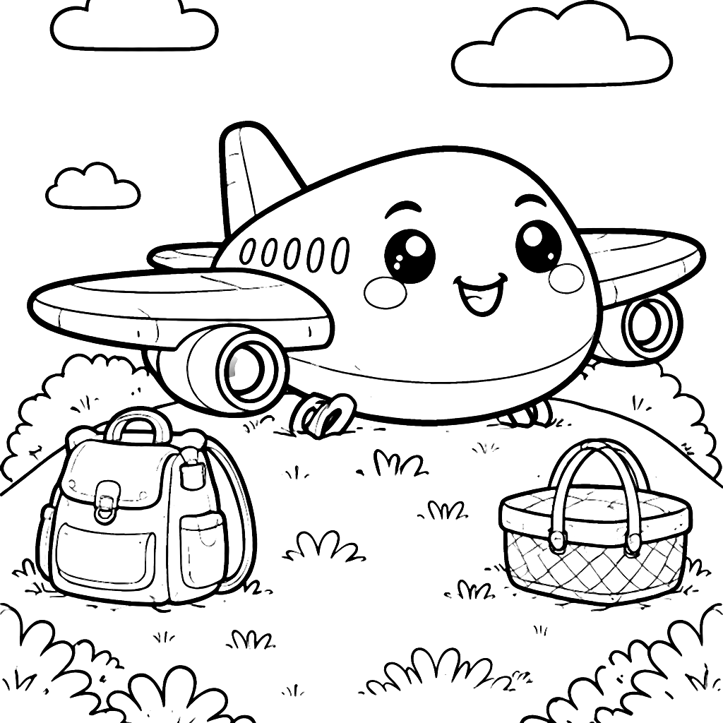 Avion cu rucsac pe un deal verde - Pagina de colorat – desen de colorat de tipărit