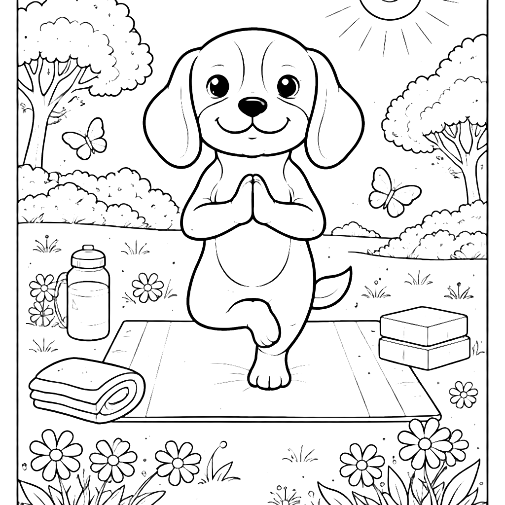 Beagle Yoga în parc însorit - Pagina de colorat – desen de colorat de tipărit