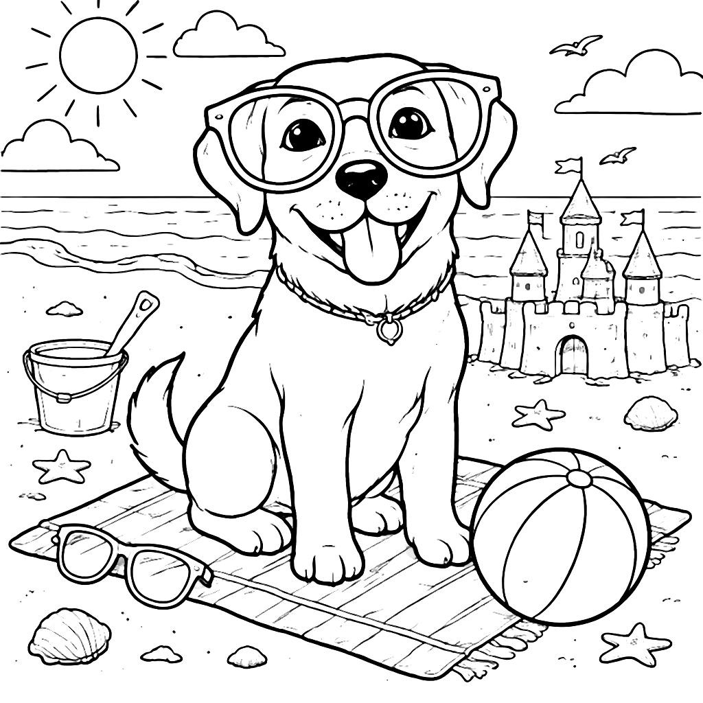 Colorare Labrador Retriever pe plajă cu ochelari mari