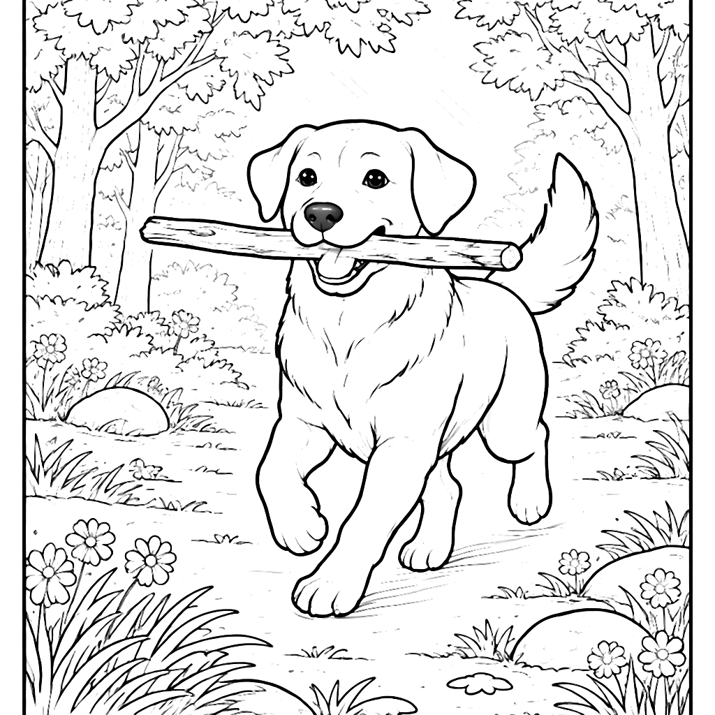 Labrador Retriever jucându-se în pădure - Pagina de colorat – desen de colorat de tipărit
