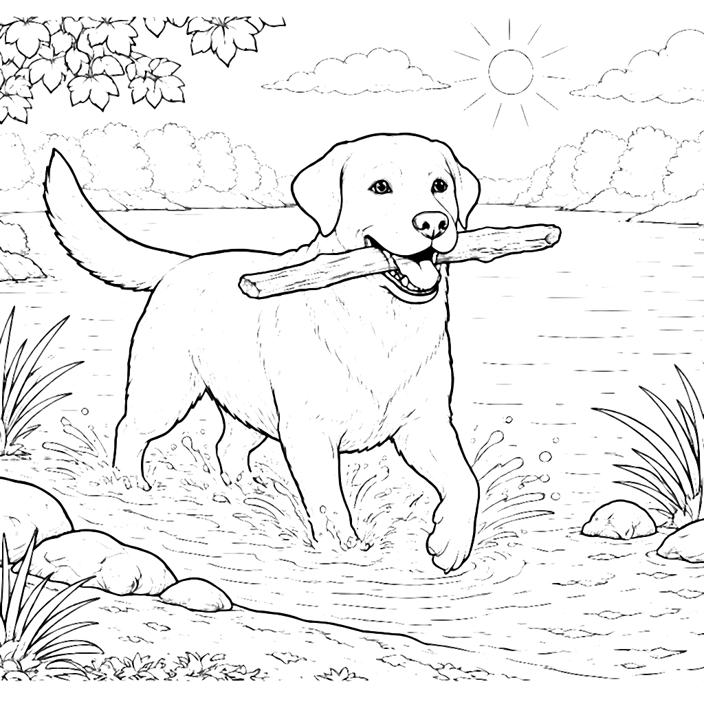 Labrador Retriever jucându-se la lac - Pagina de colorat – desen de colorat de tipărit