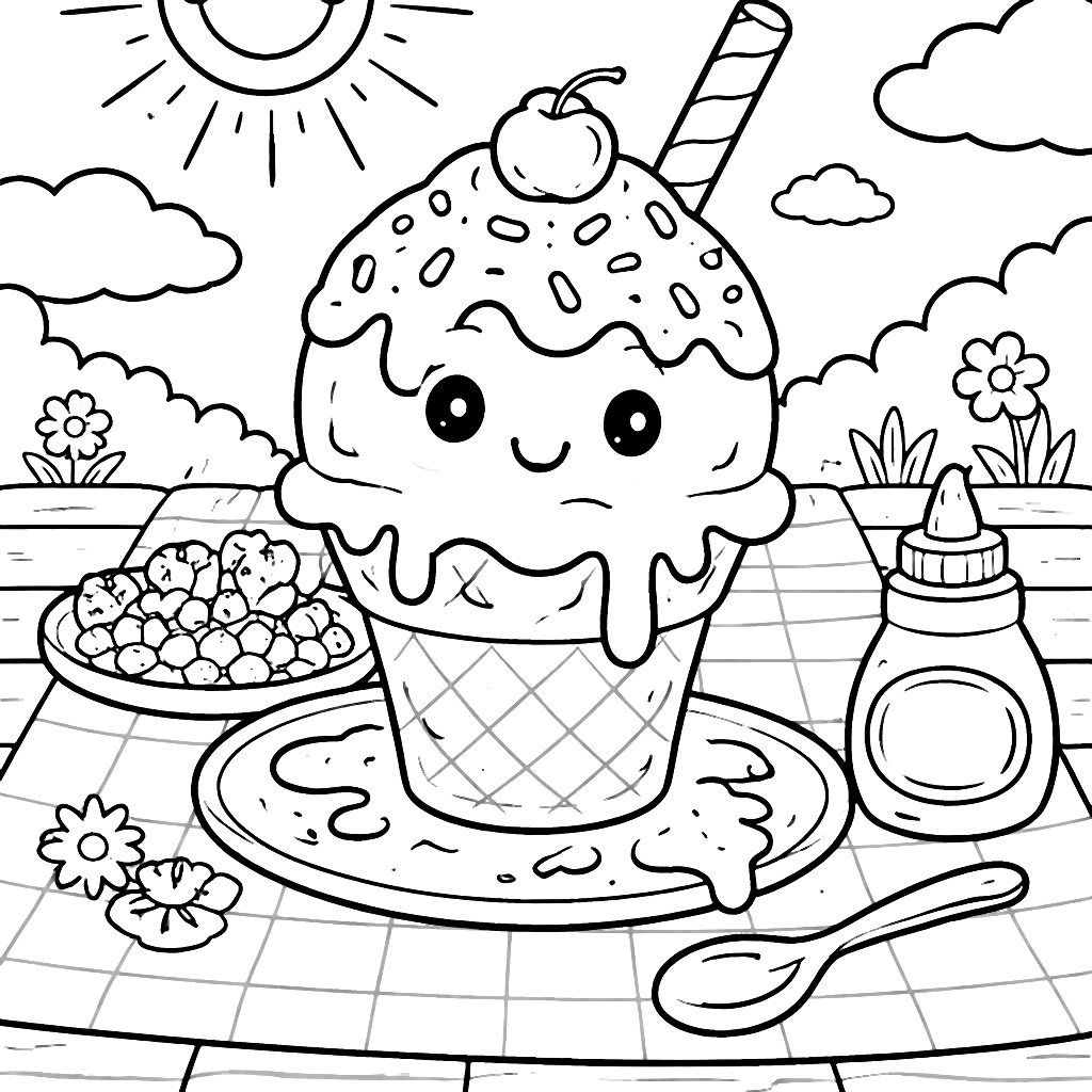 Înghețată delicioasă la picnic - Pagina de colorat – desen de colorat de tipărit