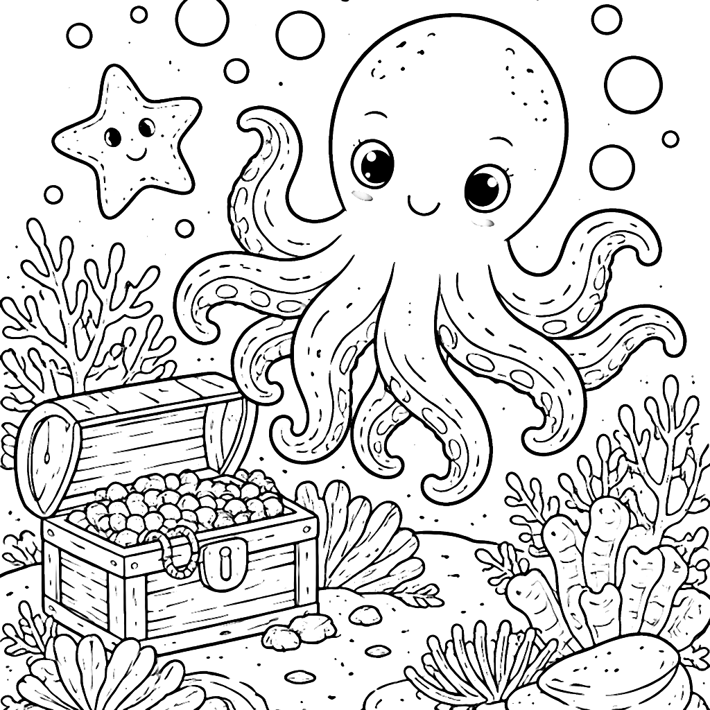 Octopus curios: pagină de colorat pentru copii – desen de colorat de tipărit