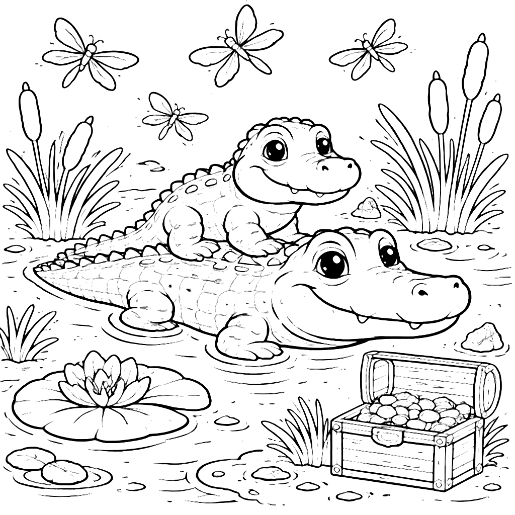 Pagini de colorat cu crocodili și puii lor – desen de colorat de tipărit