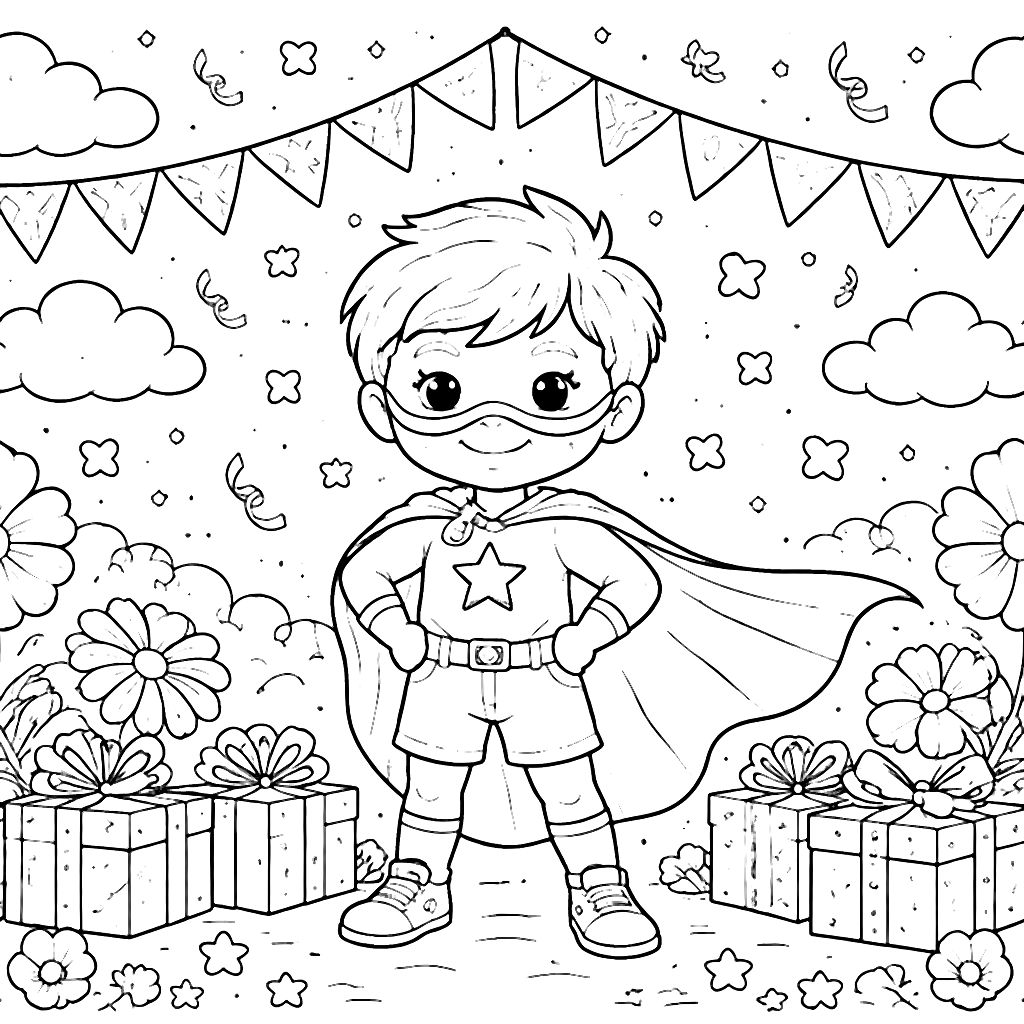 Pagini de colorat cu tematica aniversară - Supererou – desen de colorat de tipărit
