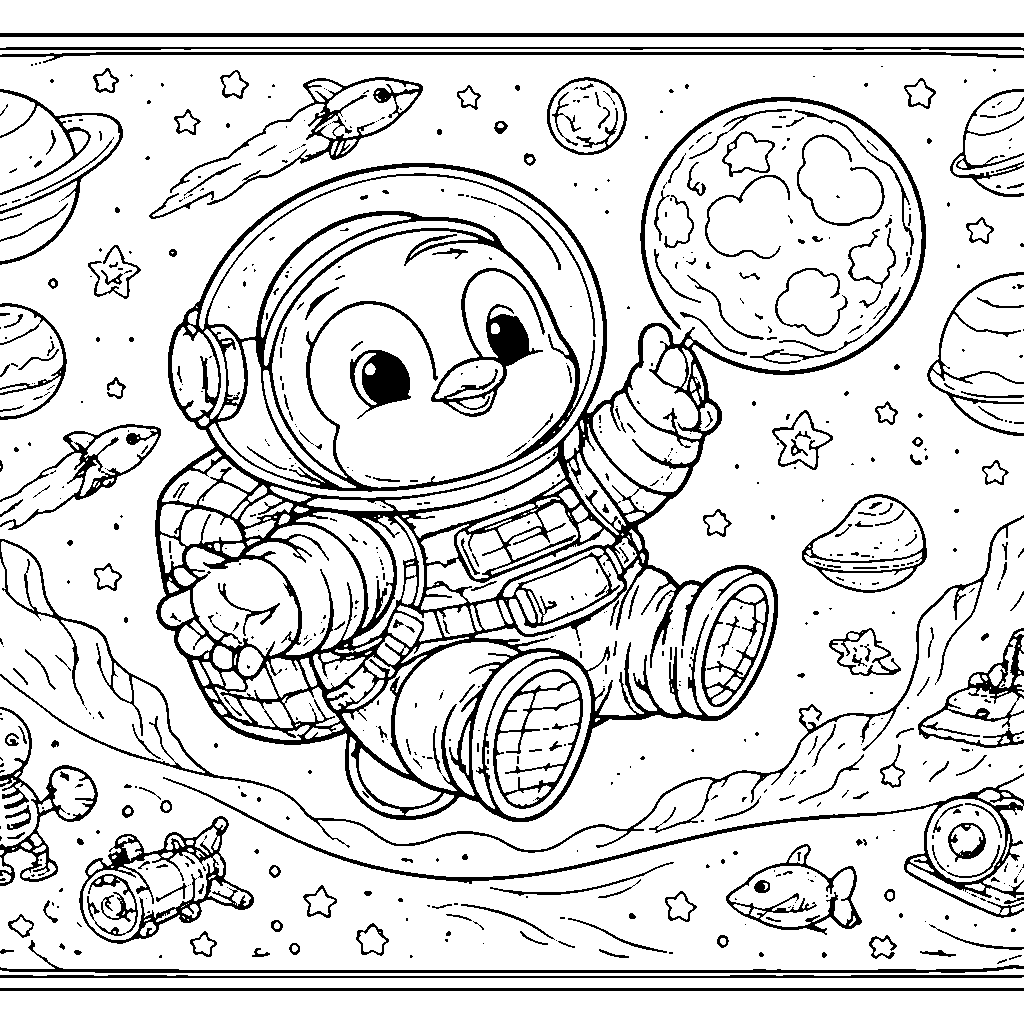 Pinguinul Aventuros din Spațiu – desen de colorat de tipărit