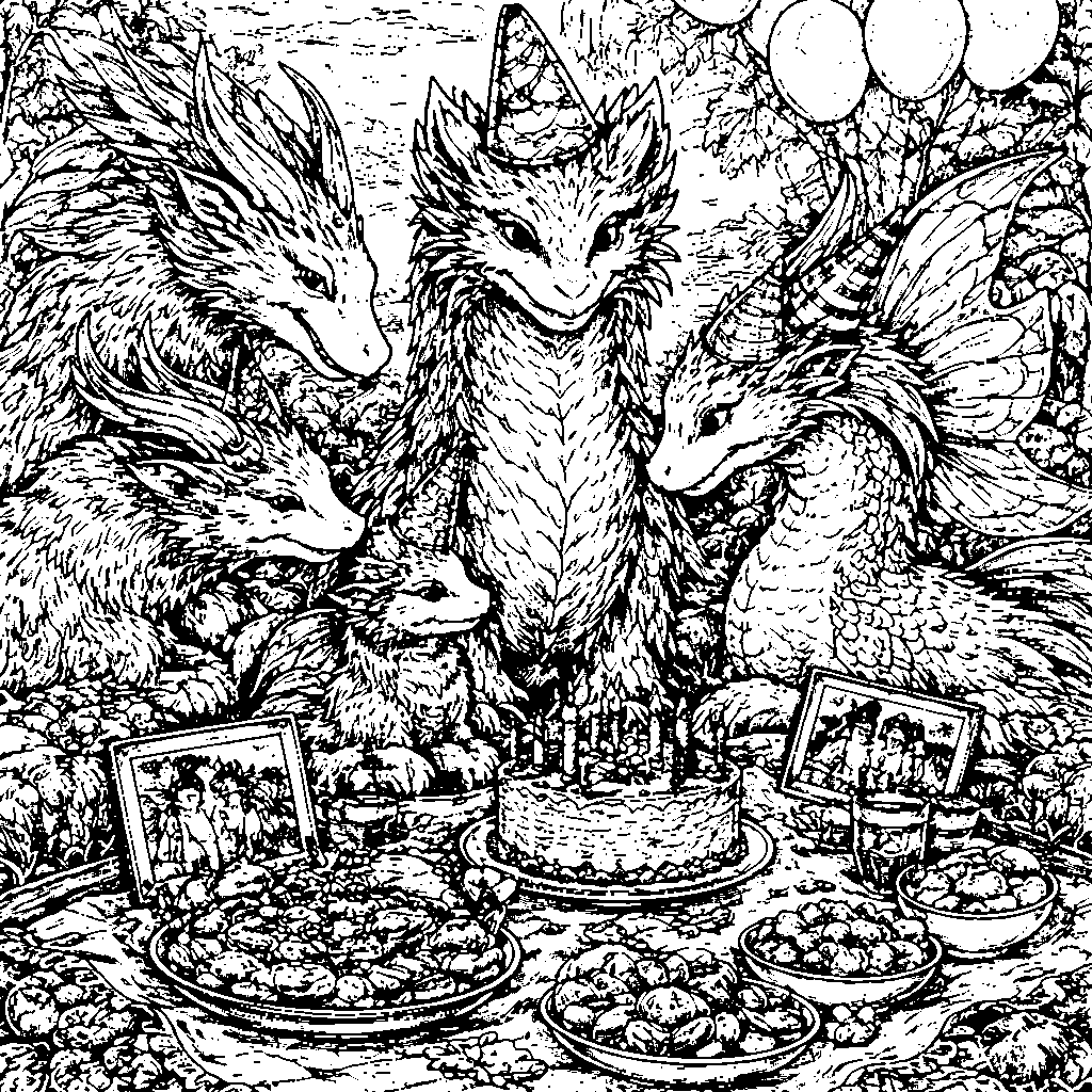 Reuniunea familiei dragonilor – desen de colorat de tipărit