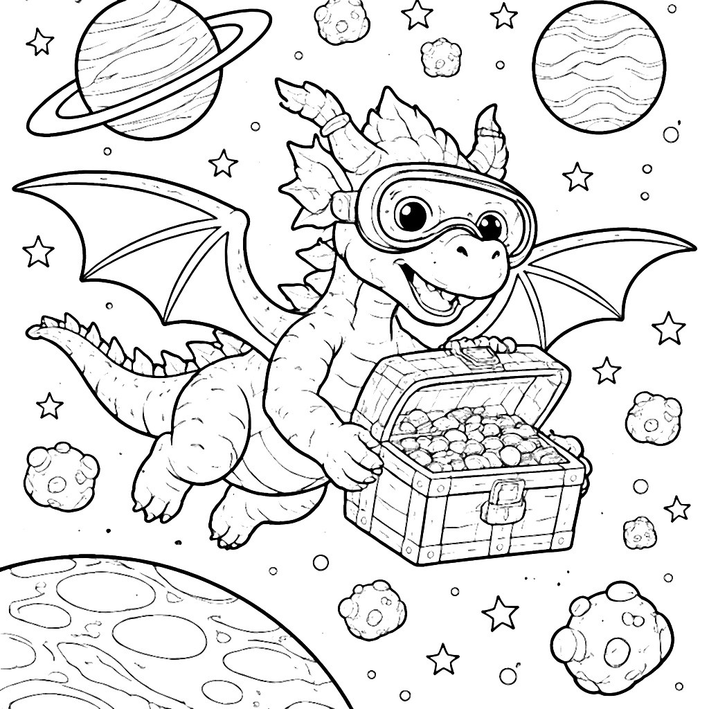 Un dragon curajos zburând printr-o galaxie stelară – desen de colorat de tipărit