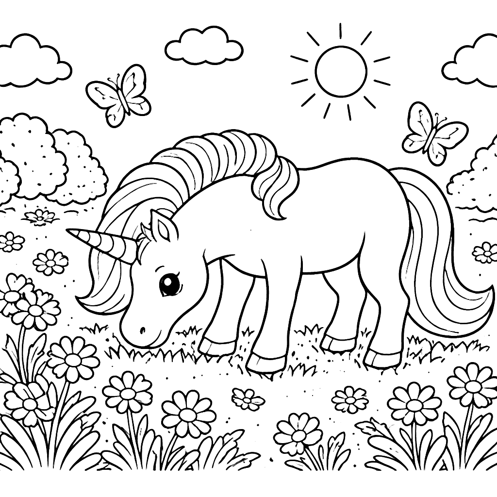 Unicorn în pădurea însorită - Pagina de colorat – desen de colorat de tipărit