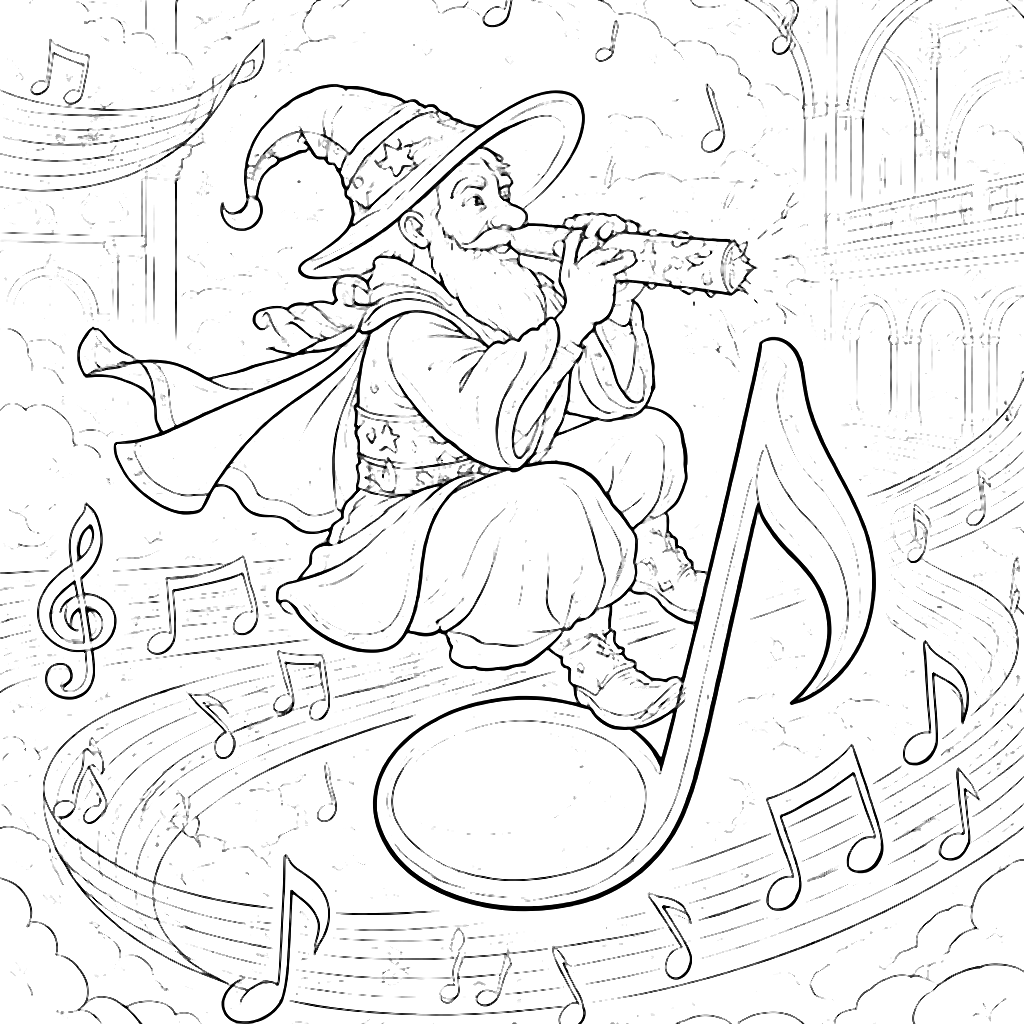Whimsical Musical Wizard Coloring Page for Kids – desen de colorat de tipărit