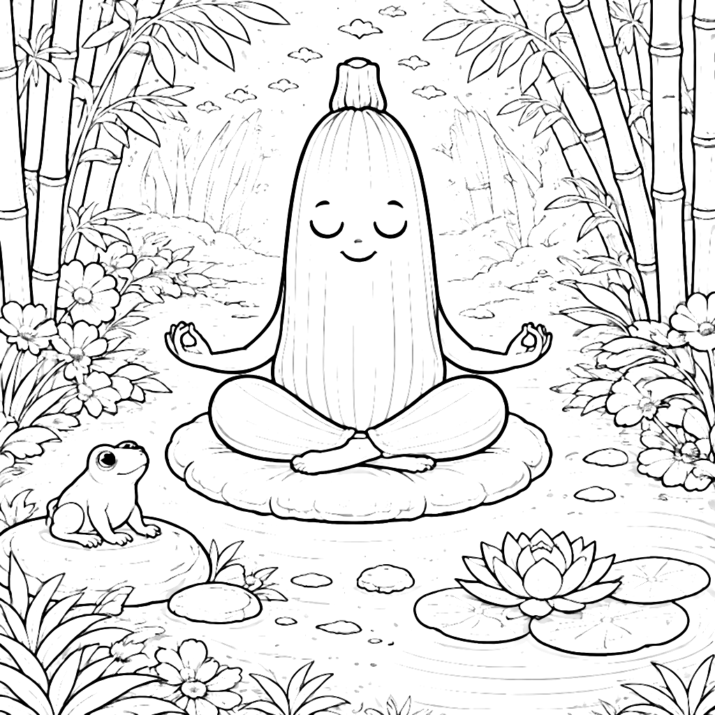 Zucchini meditativ în pădure - Pagina de colorat – desen de colorat de tipărit