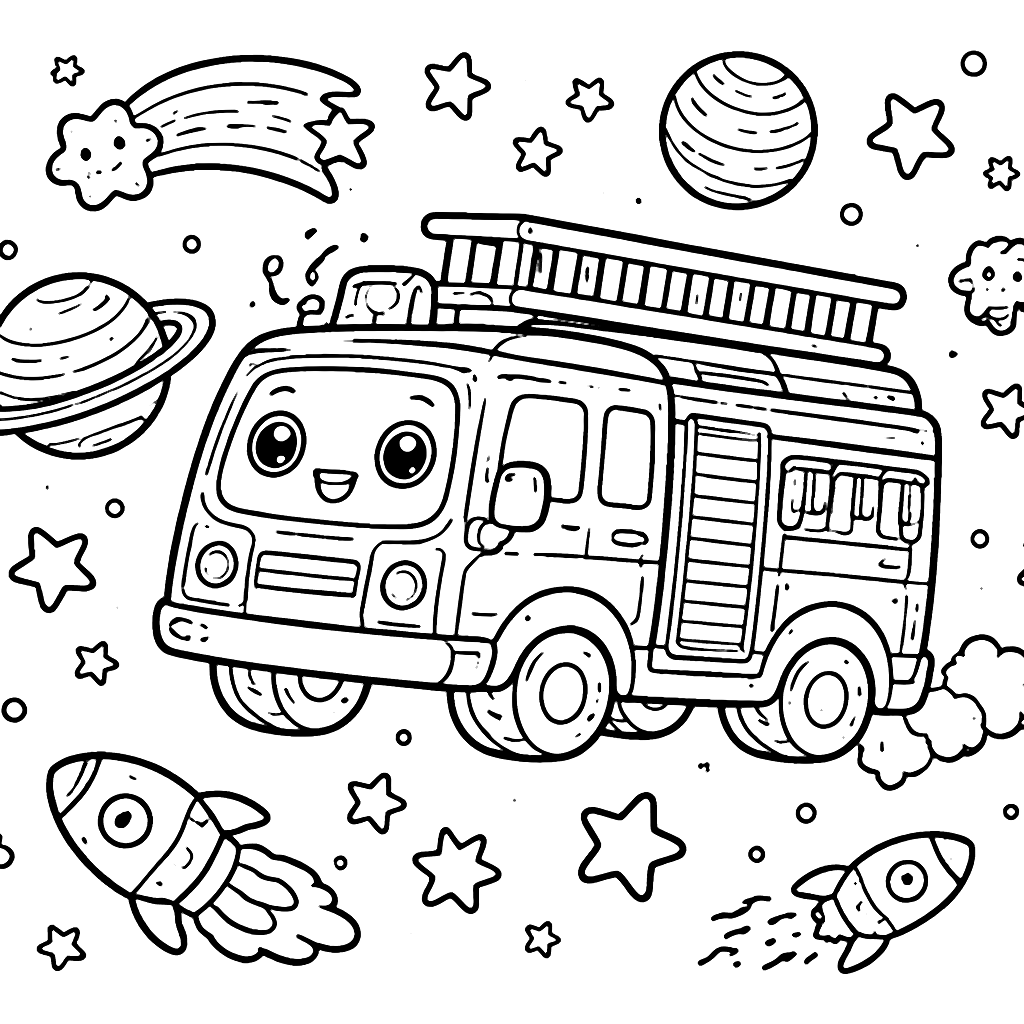 Coloring Page of a Fire Truck Floating in Space – раскраска для печати