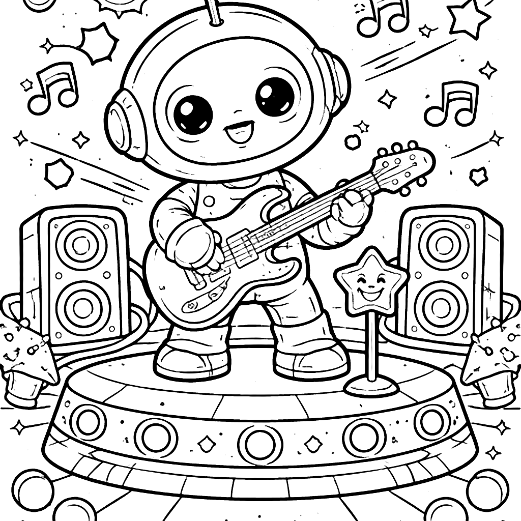 Coloring Page of a Robot Musician at a Cosmic Concert – раскраска для печати